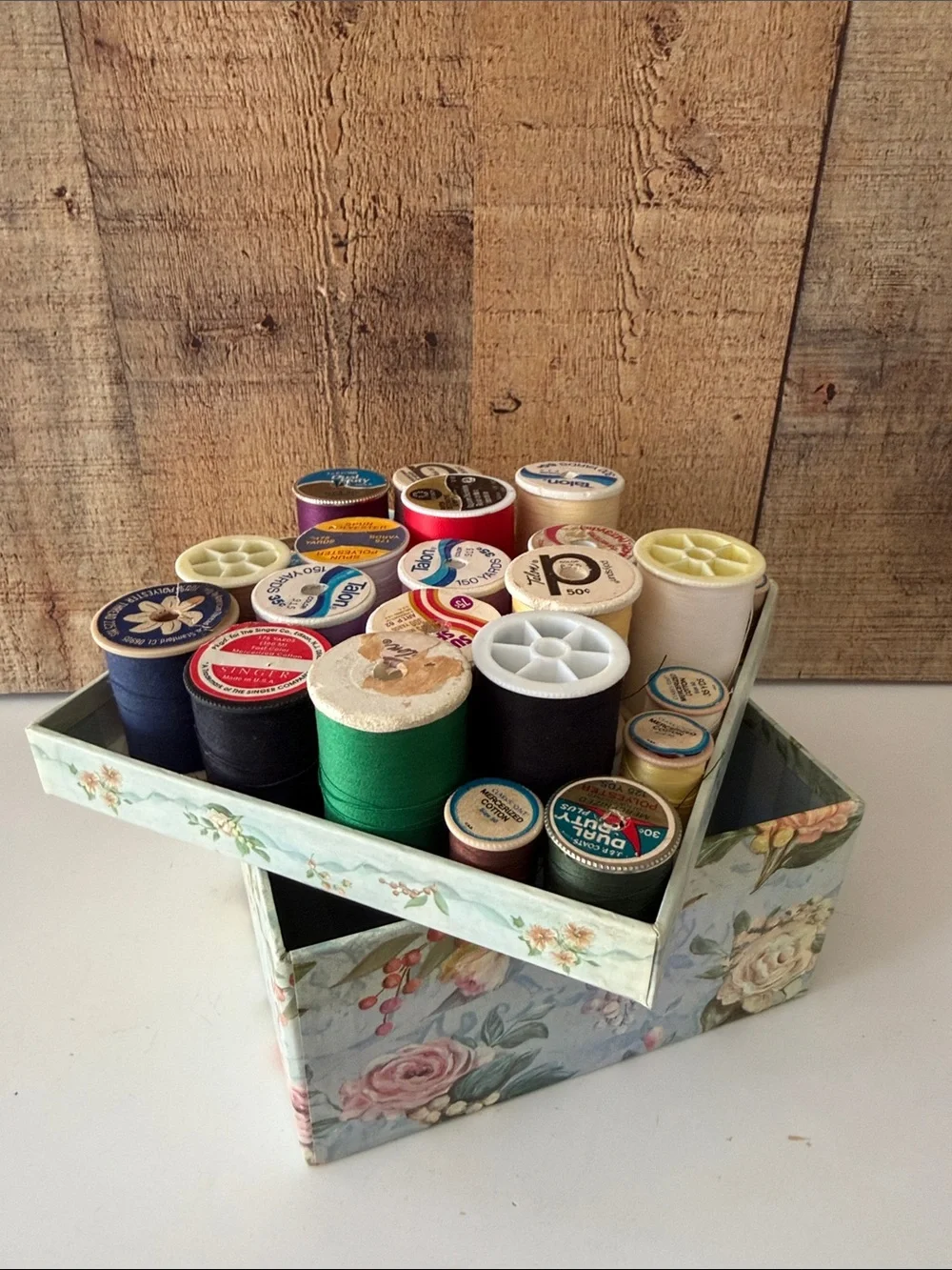 Floral Storage Box - Blue Cream with assorted random thread spools